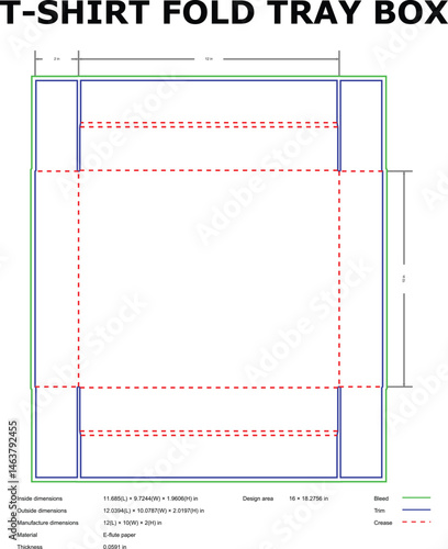Detailed blueprint of a t-shirt fold tray box with dimensions and manufacturing specifications