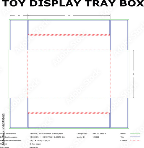 Detailed blueprint of a toy display tray box with measurements and design specifications