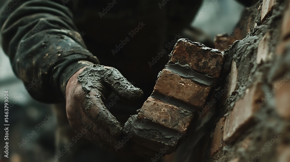Fototapeta premium Construction Worker Laying Bricks