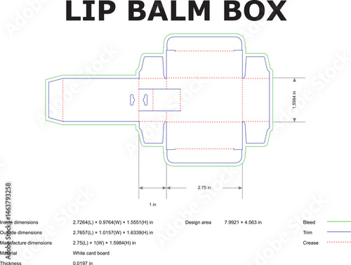 Detailed diagram of a lip balm box packaging design with dimensions and cutting guides