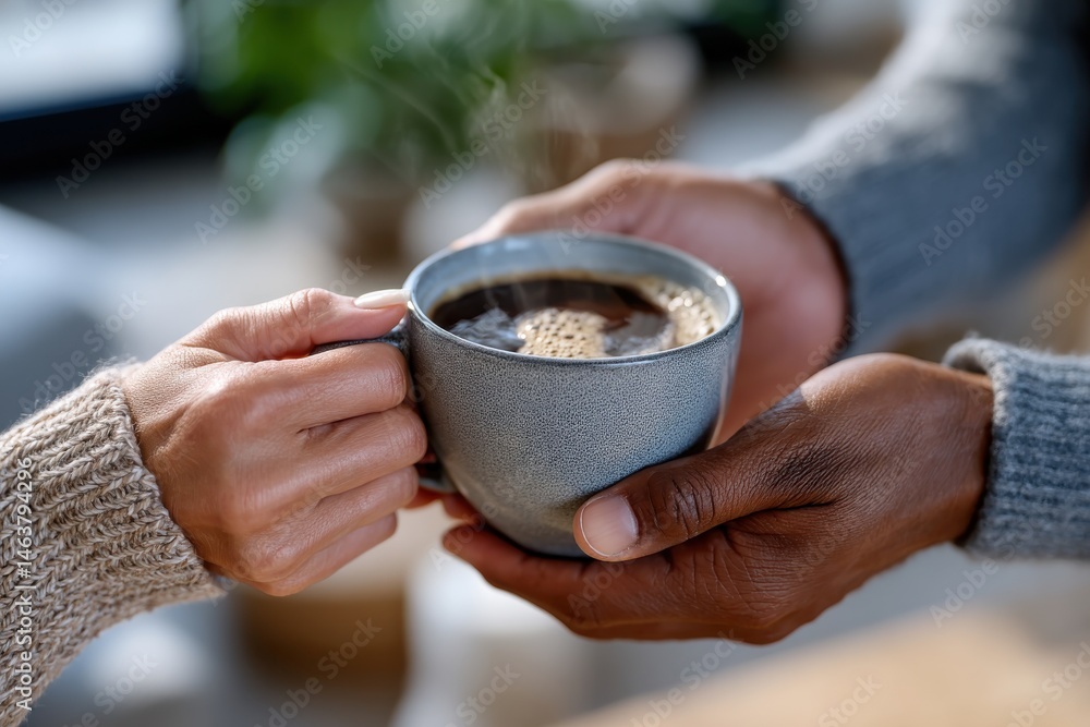 A warm and inviting moment between two hands sharing a steaming cup of coffee, showcasing connection and the essence of togetherness in everyday life. A warm and inviting moment between two hands sharing a steaming cup of coffee, showcasing connection and the essence of togetherness in everyday life.