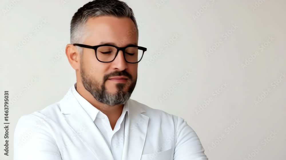 A man in a white jacket and glasses is smiling for the camera. He is a professional or a businessman A man in a white jacket and glasses is smiling for the camera. He is a professional or a businessman