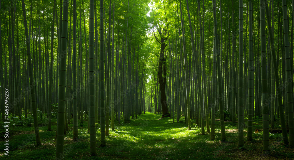 Obraz premium Bamboo Forest Path With Green Trees And Sunlight A Nature Photo