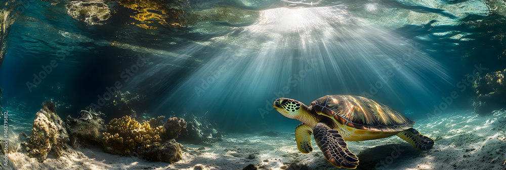 Majestic Sea Turtle in Pristine Ocean Waters Amidst Vibrant Coral Reefs Captured Underwater
