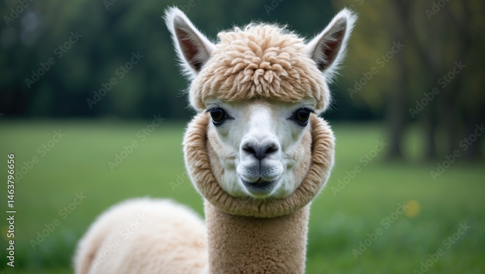 Obraz premium Alpaca Portrait Amid Green Grass and Farm Scene