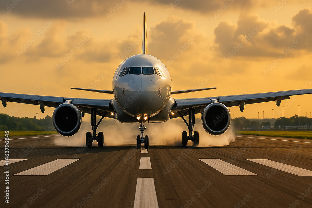 Obraz premium Airplane Preparing for Takeoff at Sunset