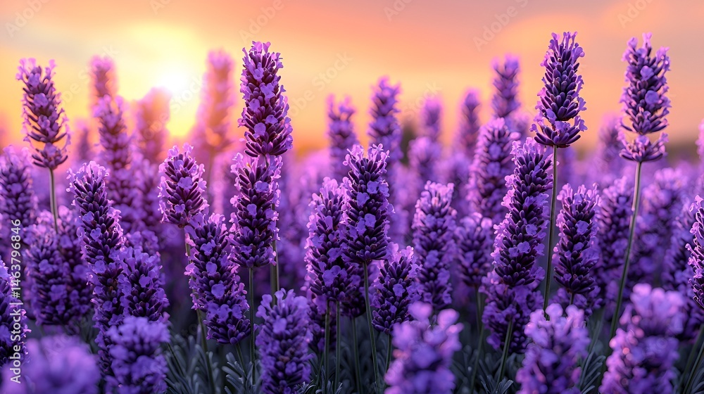 Fototapeta premium Sunset over a field of vibrant lavender flowers.