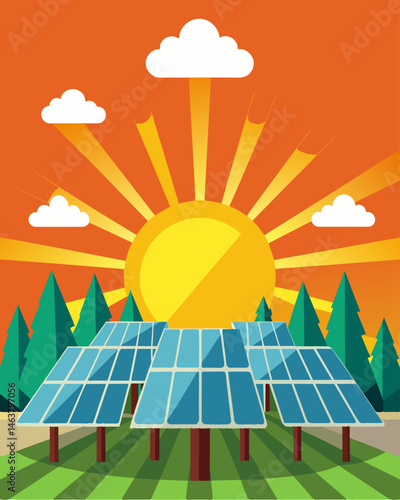 The once empty land was now transformed into a vibrant solar farm its silver panels reflecting the bright rays of sunlight.. Vector illustration