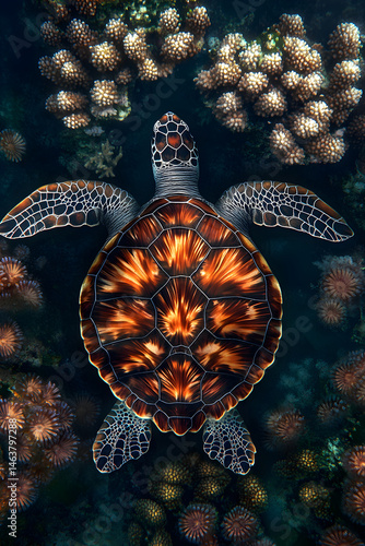 Obraz na płótnie Majestic Sea Turtle in Pristine Ocean Waters Amidst Vibrant Coral Reefs Captured Underwater w salonie