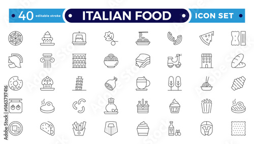 fast food outline icons. Fast food vector icon line set. Burger sandwich pizza hot dog cola coffee sweets. Italian Food icon. Editable stroke outline icon.
