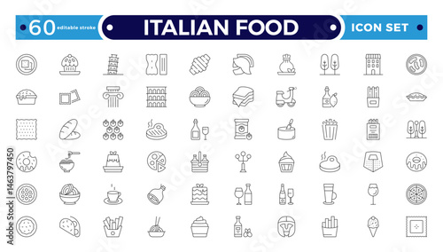 fast food outline icons. Fast food vector icon line set. Burger sandwich pizza hot dog cola coffee sweets. Italian Food icon. Editable stroke outline icon.
