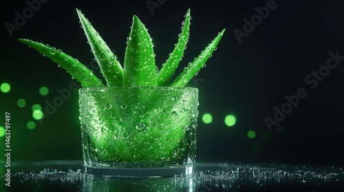 Aloe vera plant in water droplets dark background