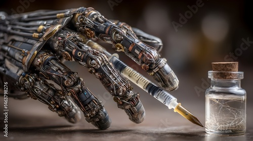 Wallpaper Mural A meticulously crafted robotic hand delicately holds a sye poised above a small glass vial containing a clear liquid. Torontodigital.ca