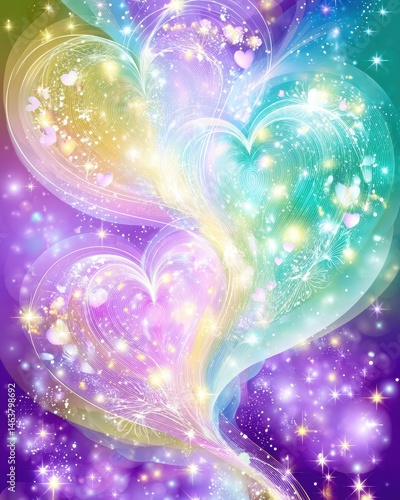 Colorful Hearts with Sparkles and Light Effects on Dreamy Background