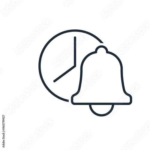 Clock with bell. Deadline. Term. Time limit. Vector linear icon isolated on white background.