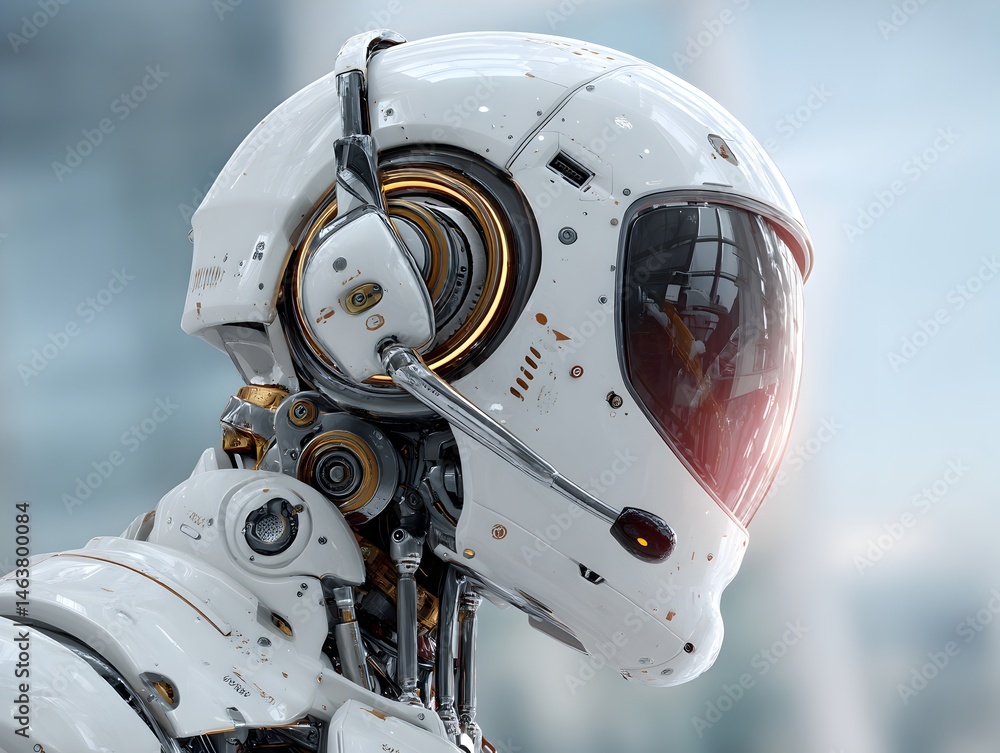 Fototapeta premium A futuristic white robot head with headset and visor displays advanced technology and artificial ligence.
