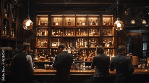 Elegant bar scene with bartenders preparing drinks at night