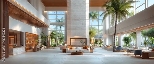 Luxurious hotel lobby with tropical design, large windows, bright light, and palm trees