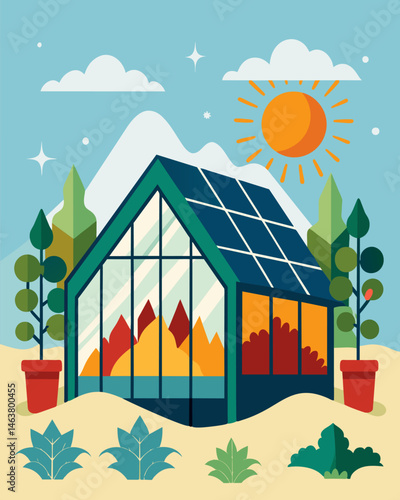 In the dead of winter a greenhouse filled with thriving plants is kept warm by the energy collected from the bright winter sun by nearby solar panels.. Vector illustration