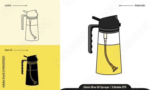 Glass olive oil sprayer vector icon in flat design, shown in outline, black fill, and colored styles. Ideal for kitchen, cooking, and utensil-related creative projects. Editable EPS.