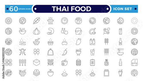 Thai food outline icon set. Included the icons as dumplings, skewer, sausage, grilled chicken wings, asian style, fruit bowl, pad thai and more. Editable stroke outline icon.
