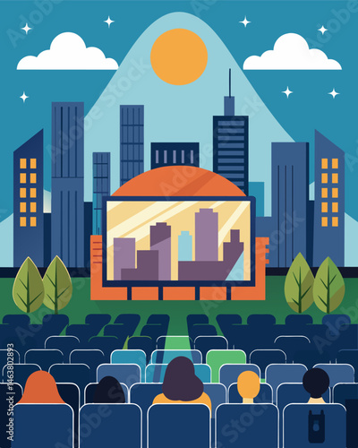 An outdoor cinema located in the heart of a bustling city powered by solar panels and offering a peaceful escape from the hustle and bustle.. Vector illustration