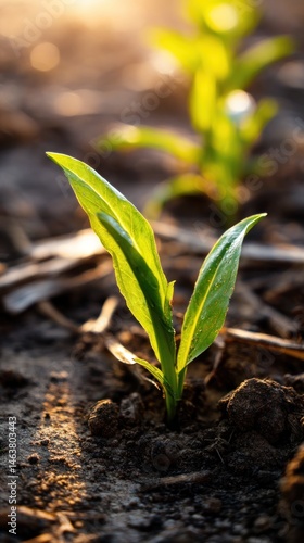 Young sprout emerging from soil