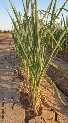 Young plants in dry, cracked earth