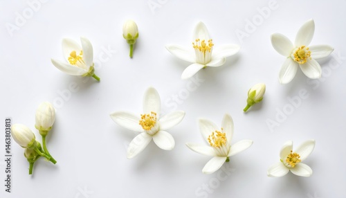 Delicate white flowers and buds arranged on a light background, showcasing their elegant petals and vibrant yellow centers