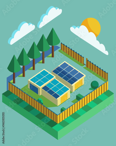 The entire site enclosed by a fencing of solar panels providing not only energy but also security.. Vector illustration