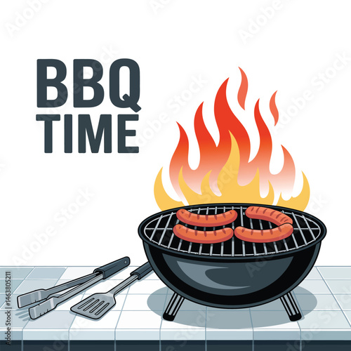 A black barbecue grill with blue flames and fire cooks hot food using propane fuel