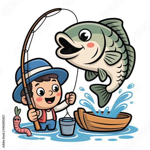 A funny cartoon illustration shows a girl fishing in the sea, a fun animal design with a fish for a child