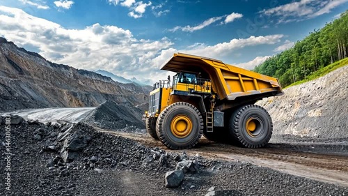 Large yellow dump truck transporting materials in a mining site with mountains and clouds