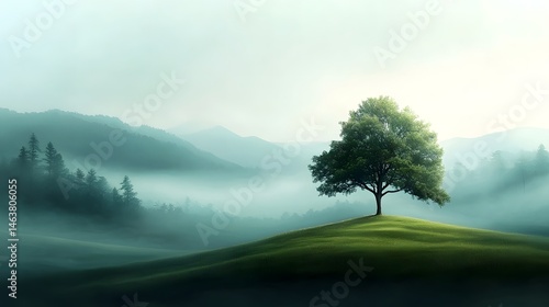 Serene pastoral landscape with a lone tree on a misty hill