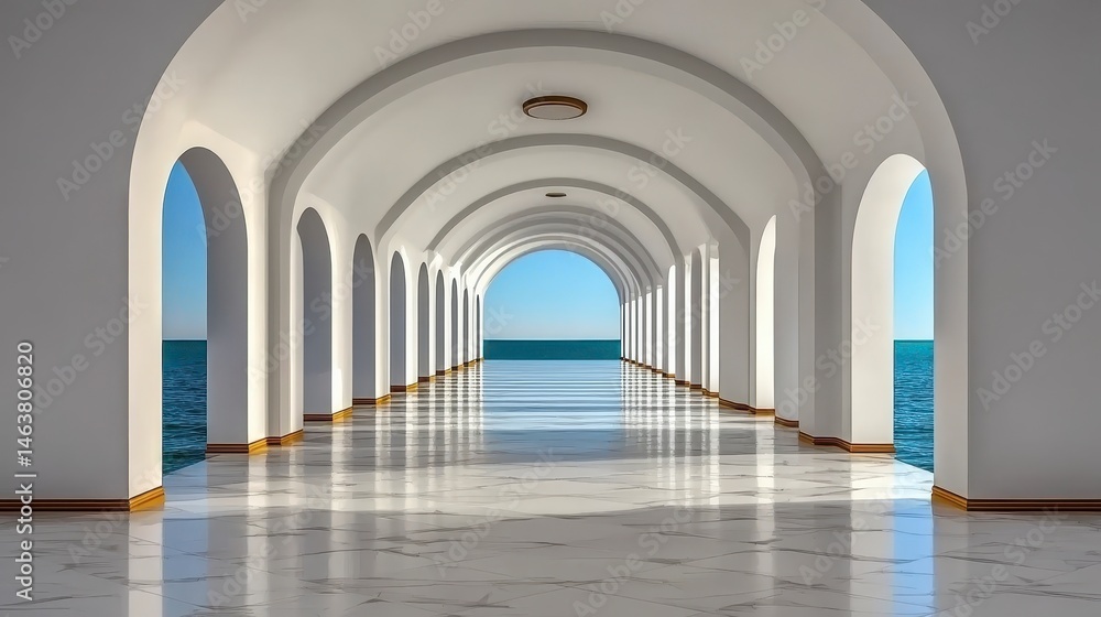 Fototapeta premium Sunlit Ocean View Through White Arched Hallway