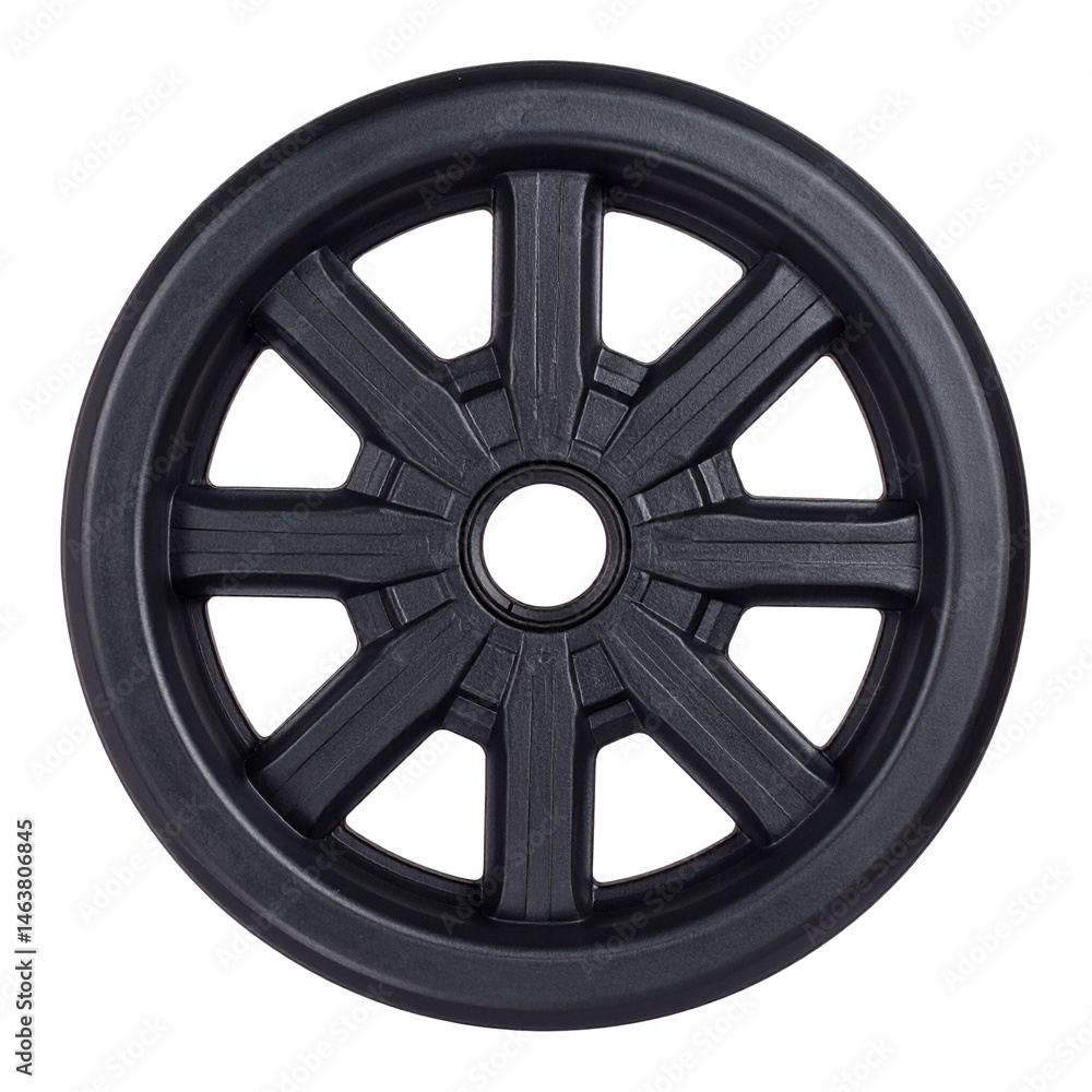 Obraz premium Sturdy black plastic wheel with a central hub and eight bold spokes radiating outward.