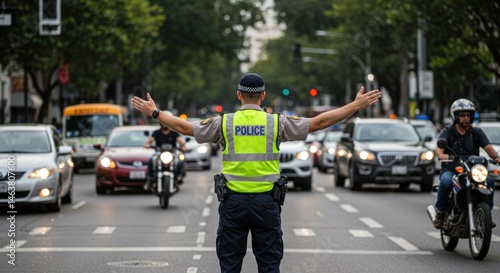 Traffic police officer directs vehicles on a city street with buildings.