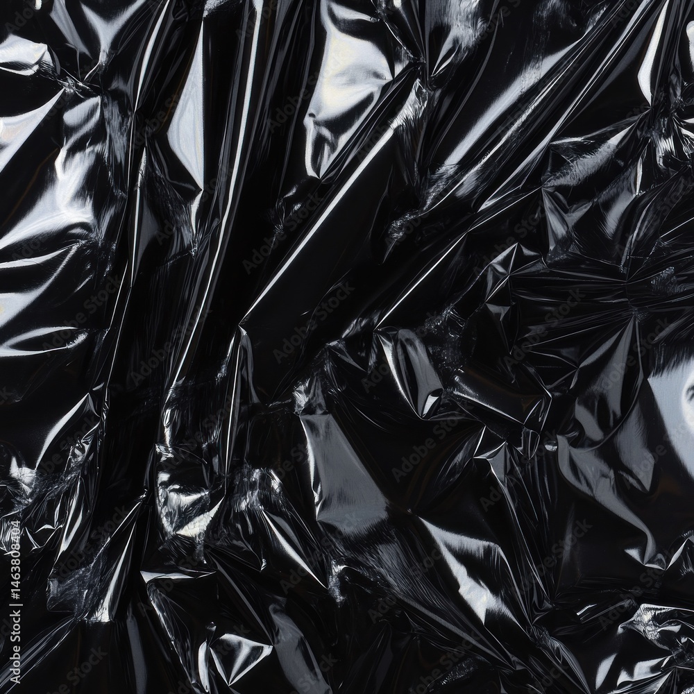 Deep black plastic sheeting, crinkled and glossy. Intricate folds and reflections Deep black plastic sheeting, crinkled and glossy. Intricate folds and reflections