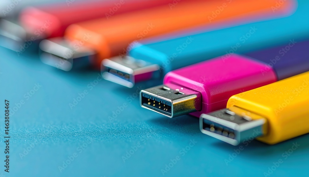 Fototapeta premium Colorful USB drives arranged neatly on a blue surface, showcasing vibrant designs and modern technology