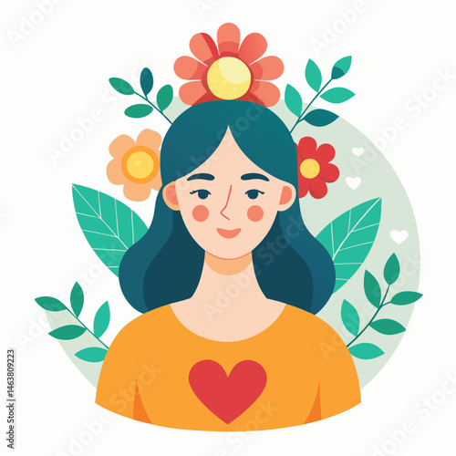 Woman with heart and flower wreath. Self-love, acceptance and care for mental health. Psychology concept. Calm emotion, trust, empathy and hope. Flat vector illustration isolated on white background
