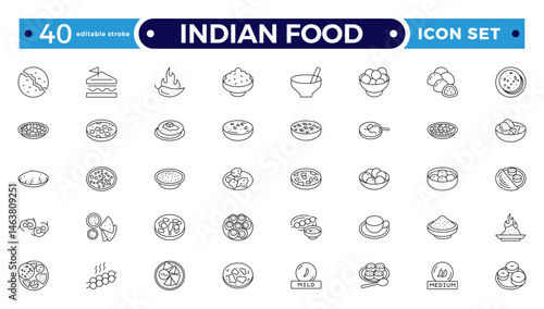 Indian Food Doddle icon Set, Line art for delicacy clip-art, Sweet and Salty Dishes icon set. Editable stroke outline icon.

