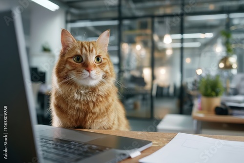 Curious orange cat sitting beside a laptop.