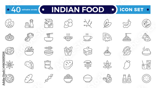 Indian Food Doddle icon Set, Line art for delicacy clip-art, Sweet and Salty Dishes icon set. Editable stroke outline icon.
