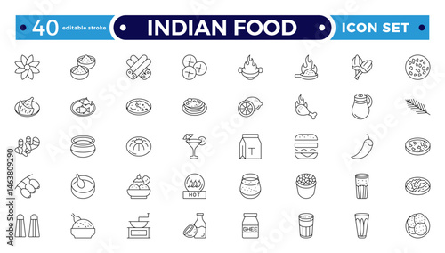 Indian Food Doddle icon Set, Line art for delicacy clip-art, Sweet and Salty Dishes icon set. Editable stroke outline icon.
