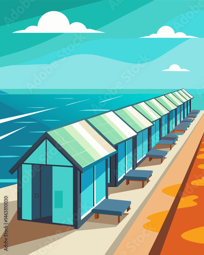 On the edge of the turquoise ocean rows of solarpowered beach cabins stand tall with their glass walls allowing for breathtaking views while also maximizing solar energy. Vector illustration