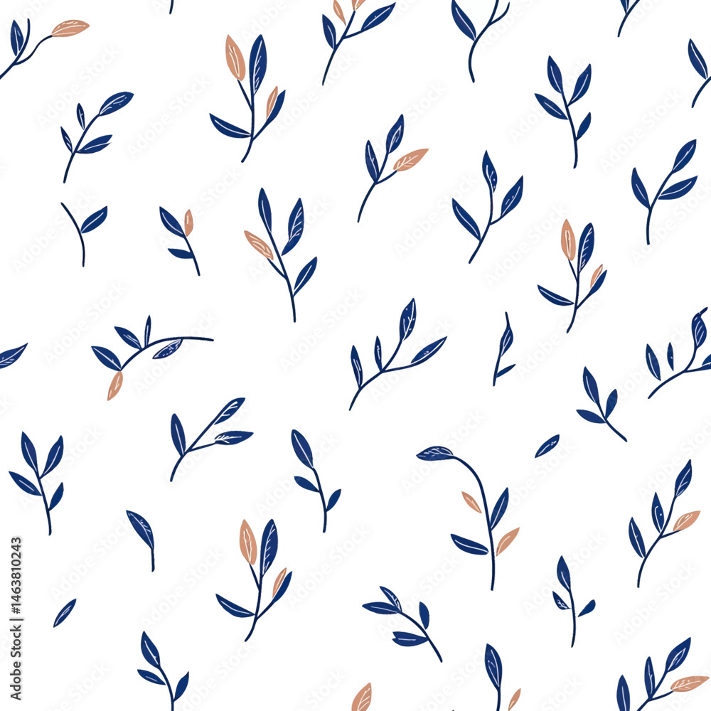 Fototapeta premium Seamless minimalist vector pattern of simple blue and beige leafy branches on white background for botanical design and nature inspired decor