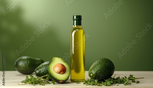 Fresh avocados and avocado oil arranged artistically on a wooden surface with green background highlighting healthy vegan lifestyle Generative AI