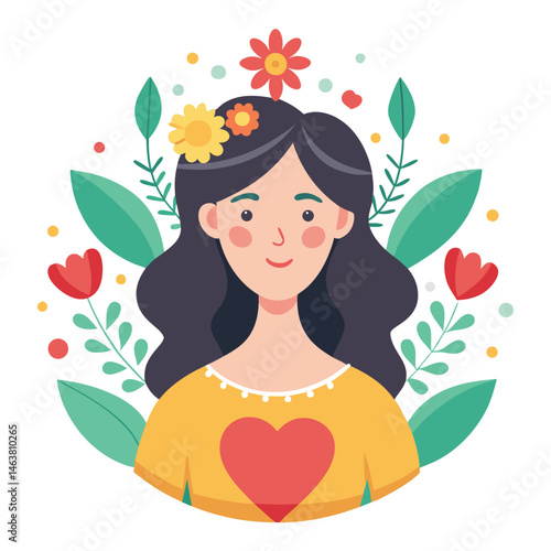Woman with heart and flower wreath. Self-love, acceptance and care for mental health. Psychology concept. Calm emotion, trust, empathy and hope. Flat vector illustration isolated on white background