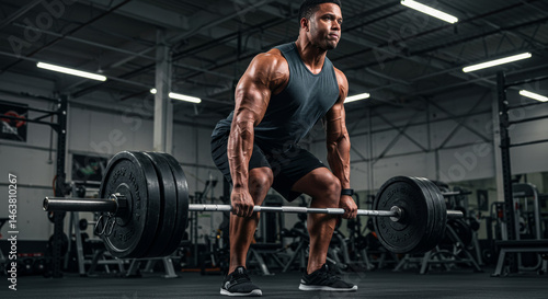Muscular man performing deadlift exercise in gym
