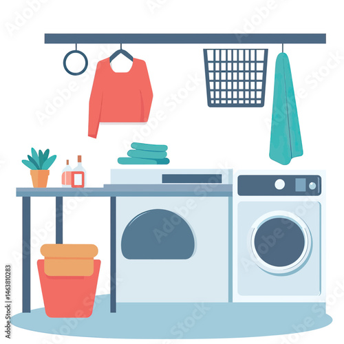 Minimalist laundry room vector with washing machine, dryer, hanging clothes, folded towels, laundry basket, and cleaning supplies in flat style